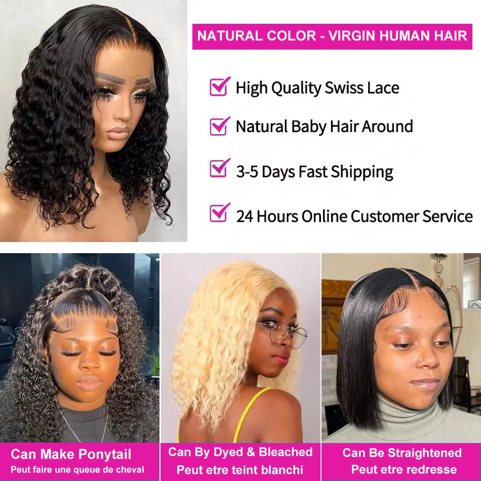 Brazilian Hair Deep Wave Short Bob Wig Human Hair 200% Density 13X4 Lace Front Wigs Deep Curly Wave 4X4 Lace Closure Wigs 16Inch