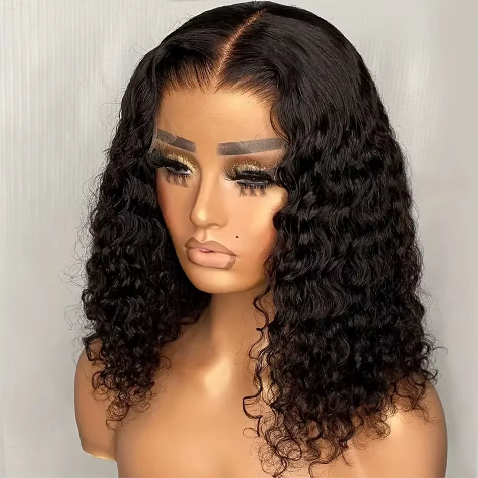 Brazilian Hair Deep Wave Short Bob Wig Human Hair 200% Density 13X4 Lace Front Wigs Deep Curly Wave 4X4 Lace Closure Wigs 16Inch